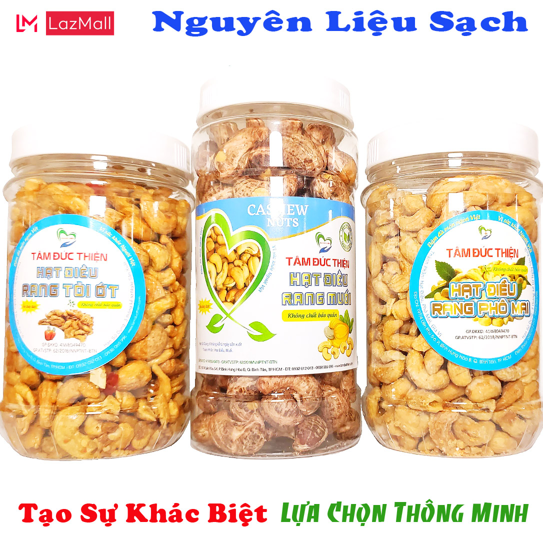 Nguyên Liệu Sạch Điều Bình Phước Combo Hạt Điều Tâm Đức Thiện: Hạt Điều Rang Muối Bình Phước Hạt Điều Rang Tỏi Ớt Hạt Điều Rang Phô Mai Thực Phẩm Đóng Gói Đóng Hộp Ăn Liền đồ ăn vặt bánh kẹo quà Tết