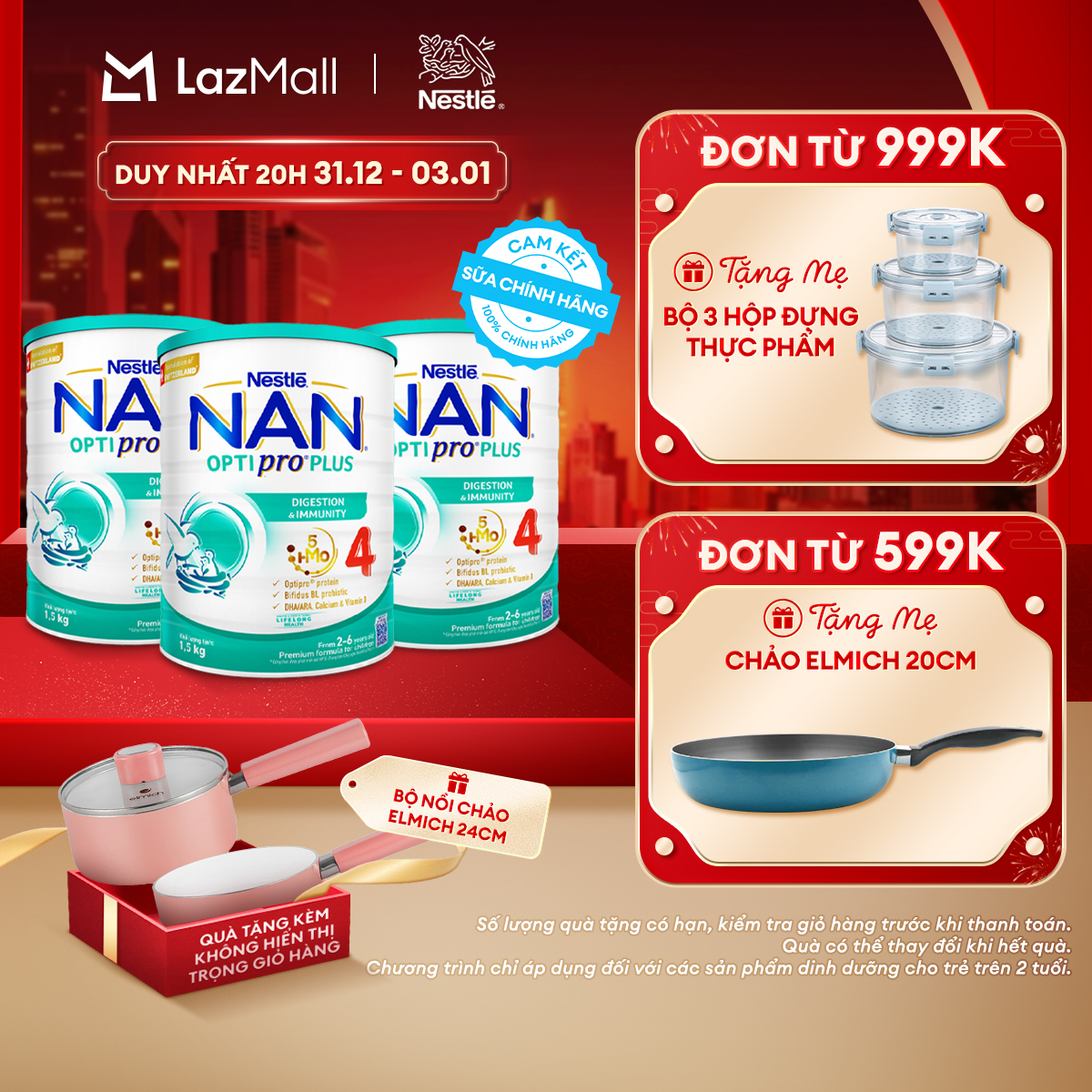CHỈ 31.12-03.01 QT Đơn 599K 999K Tặng Set nồi 18cm + chảo 22cm hoặc 24cm Elmich Bộ 3 Lon Sữa bột Nestlé NAN OPTIPRO PLUS 4 với 5HMO xuất xứ Thụy Sĩ - Hộp 1500g cho bé từ 2 - 6 tuổi