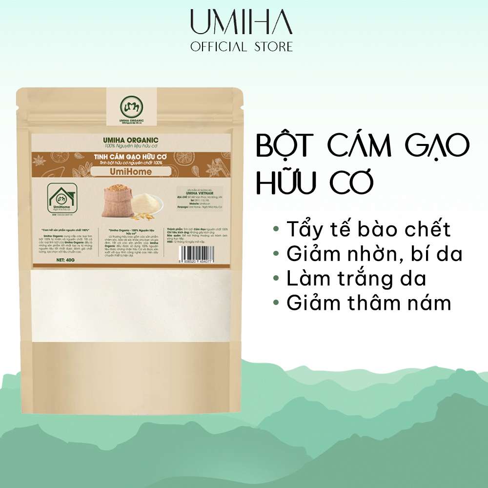 Tinh bột Cám Gạo hữu cơ UMIHOME nguyên chất 40g - Dùng tẩy da chết sạch sâu da, đắp mặt, dưỡng da trắng mịn