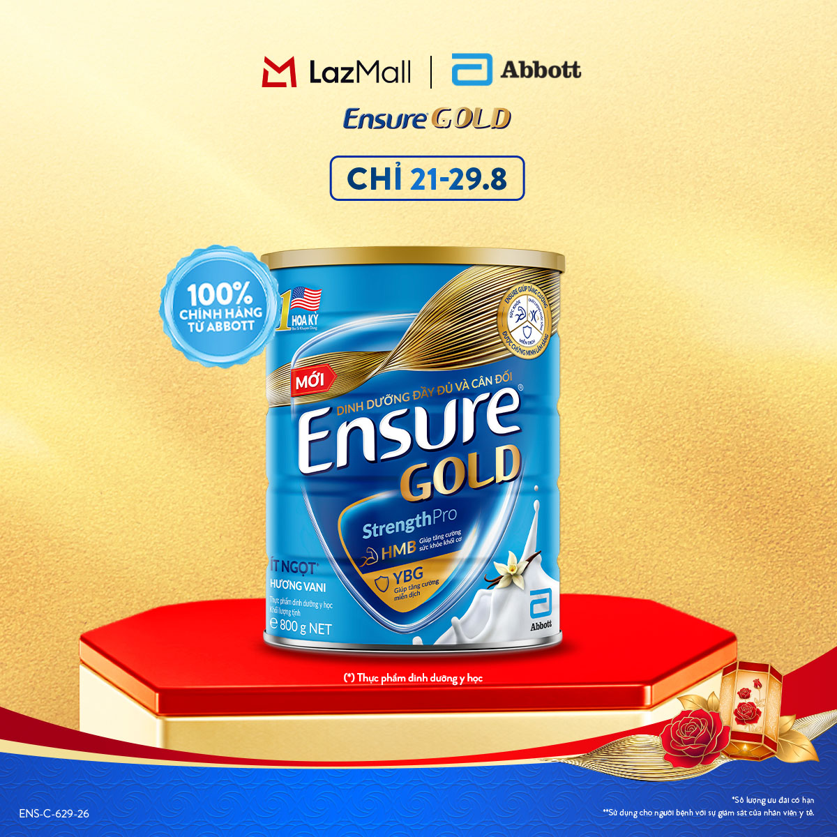 [CHỈ 21-29.8 GIÁ TỐT MUA NGAY SLCH] Lon sữa bột Ensure Gold hương vani ít ngọt 800g