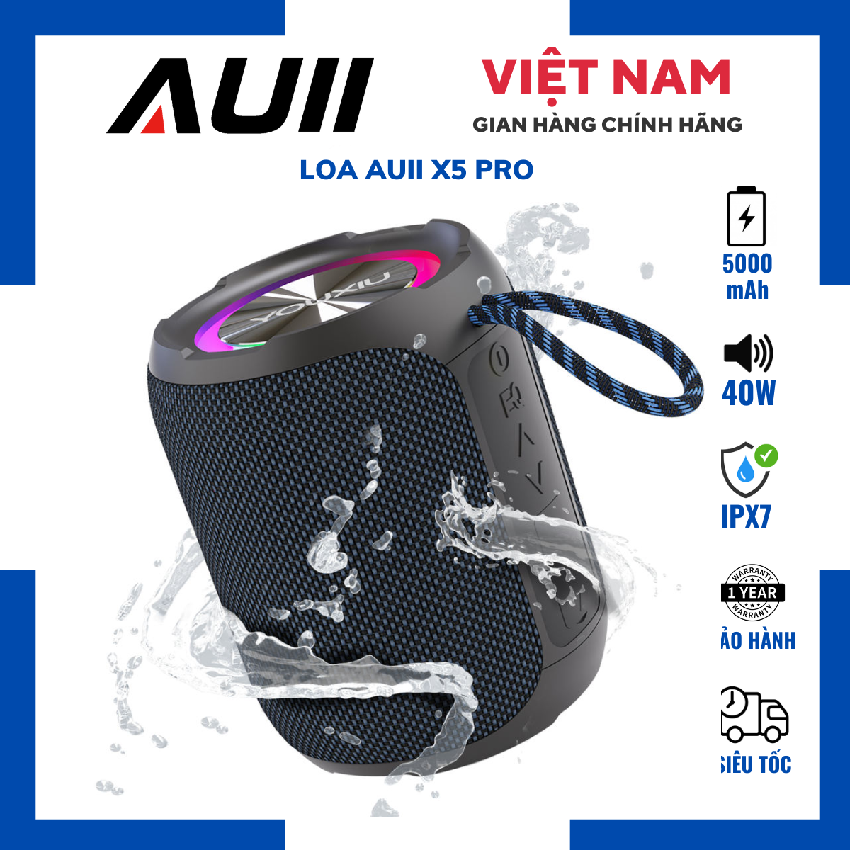 Loa Auii X5 Pro| Loa Bluetooth Công suất 40W, Bass Căng, Pin 5000mAh, Kháng nước IPX7 - Chính hãng, 