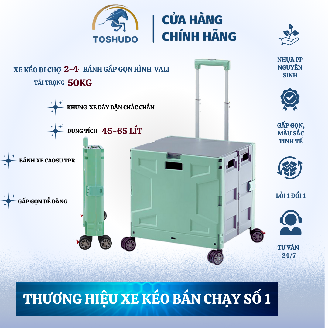 Xe Kéo Gấp Gọn Hình Vali Độc Đáo-Thùng Đựng Đồ VALI Kéo Đa Năng dùng trên ô tô, đi Siêu Thị Tiện Lợi