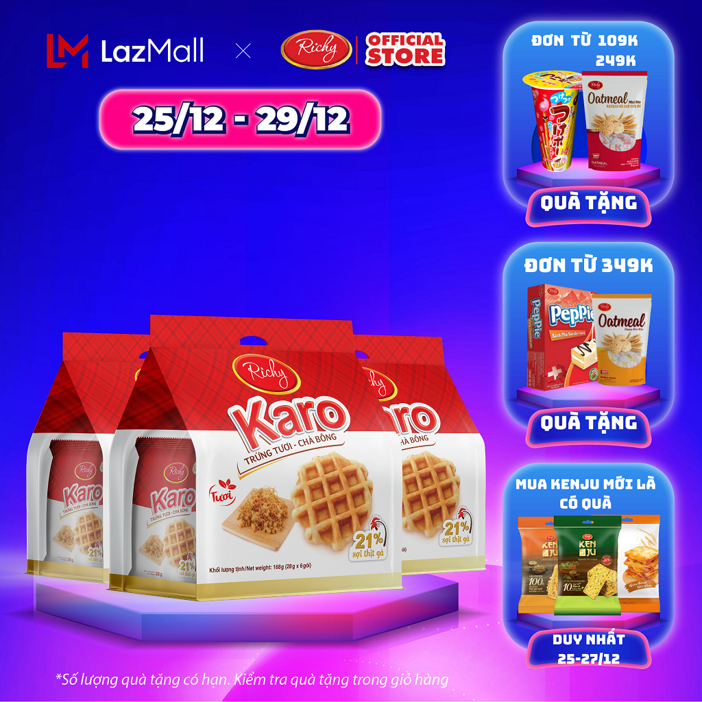[SALE CUỐI NĂM 25-29/12] Combo 3 bịch bánh Karo trứng tươi - chà bông , bánh kẹo Richy