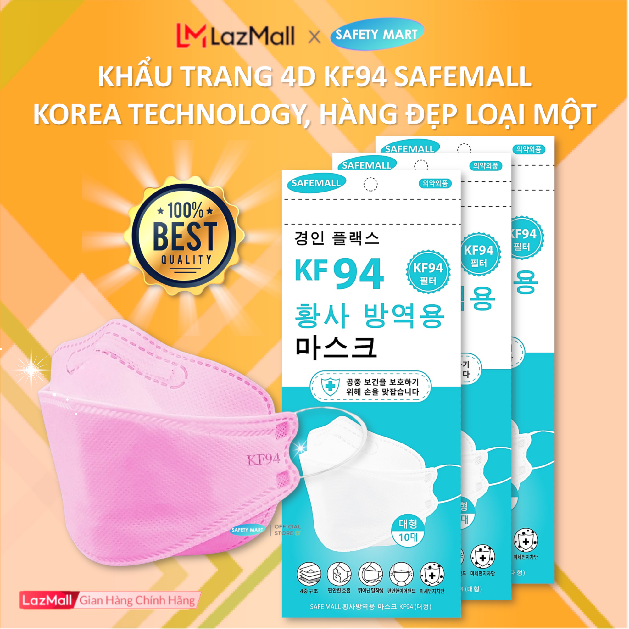 [5 LỚP FILTER] Thùng 300 Khẩu trang y tế 4D KF94 SafeMall Korea Technology, 5 lớp vải kháng khuẩn, kháng bụi mịn lên đến 99%, Khẩu trang dày đẹp loại 1 - Hàng Chính Hãng Safety Mart Official