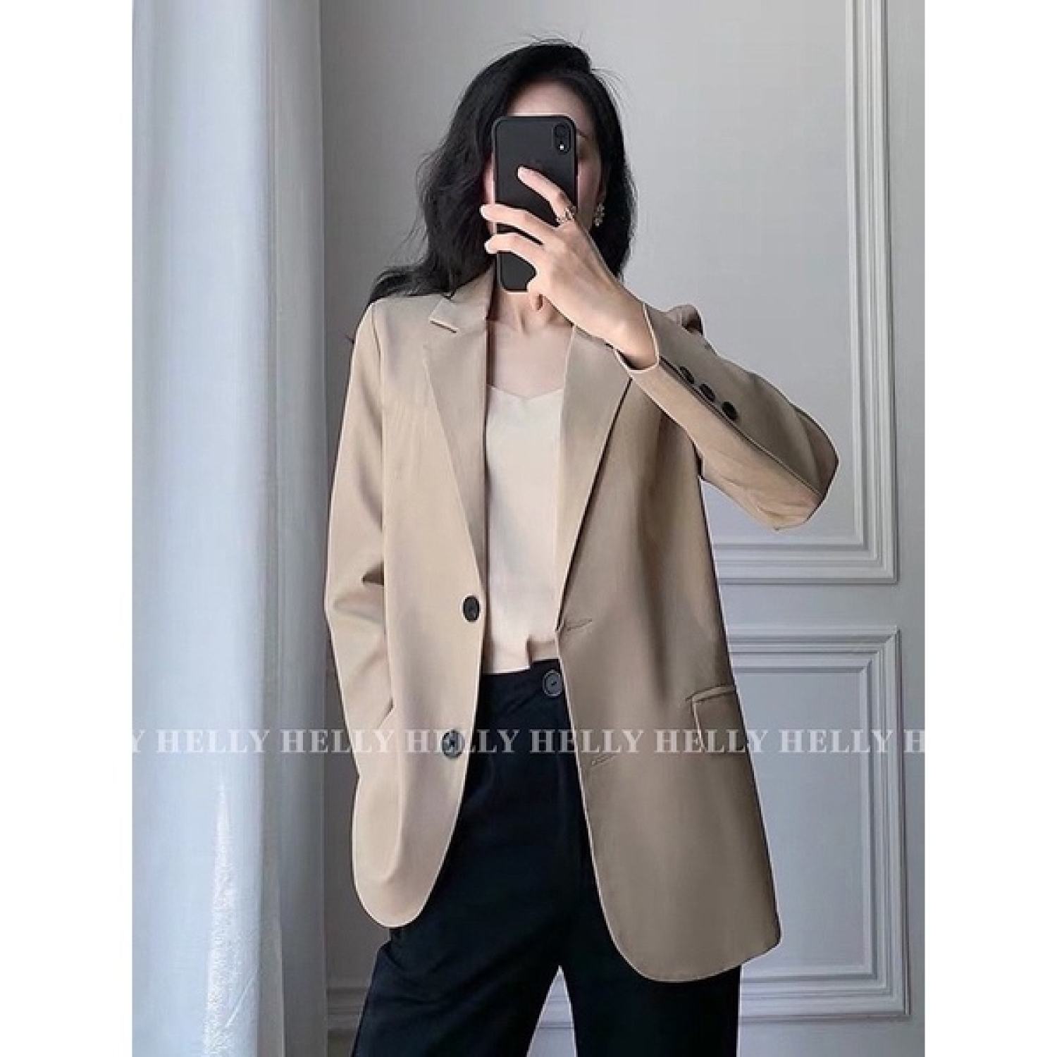 Áo blazer nữ helly phom suông 2 lớp hồng, trắng, nâu áo khoác vest nữ
