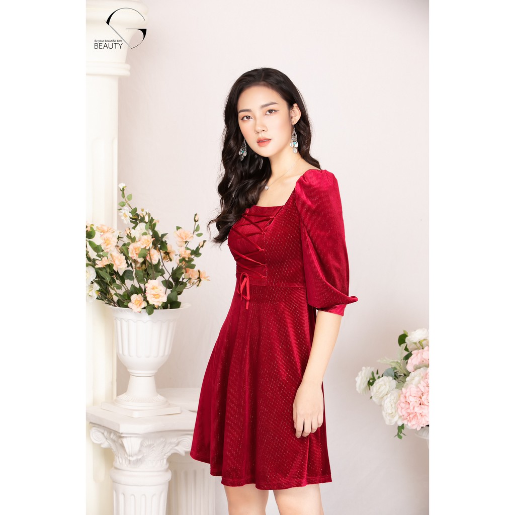 G Beauty Váy Nhung Đỏ Đan Dây Ngực