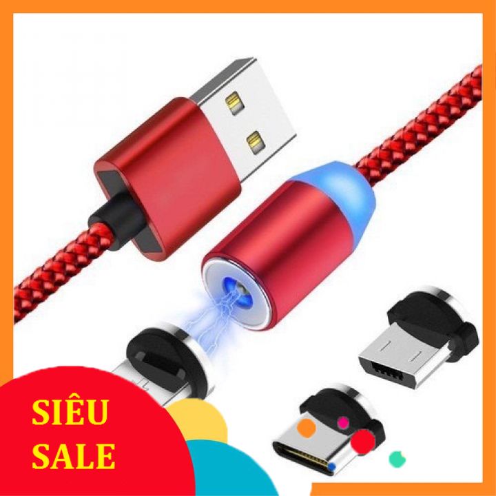 Cáp sạc điện thoại nam châm 3 đầu đa năng dây dù,có led cao cấp