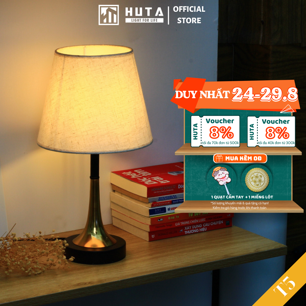 Đèn ngủ để bàn thép mạ đồng huta t5 sang trọng decor trang trí phòng ngủ khách sạn, điều chỉnh độ sáng, bóng led sáng vàng tiết kiệm điện