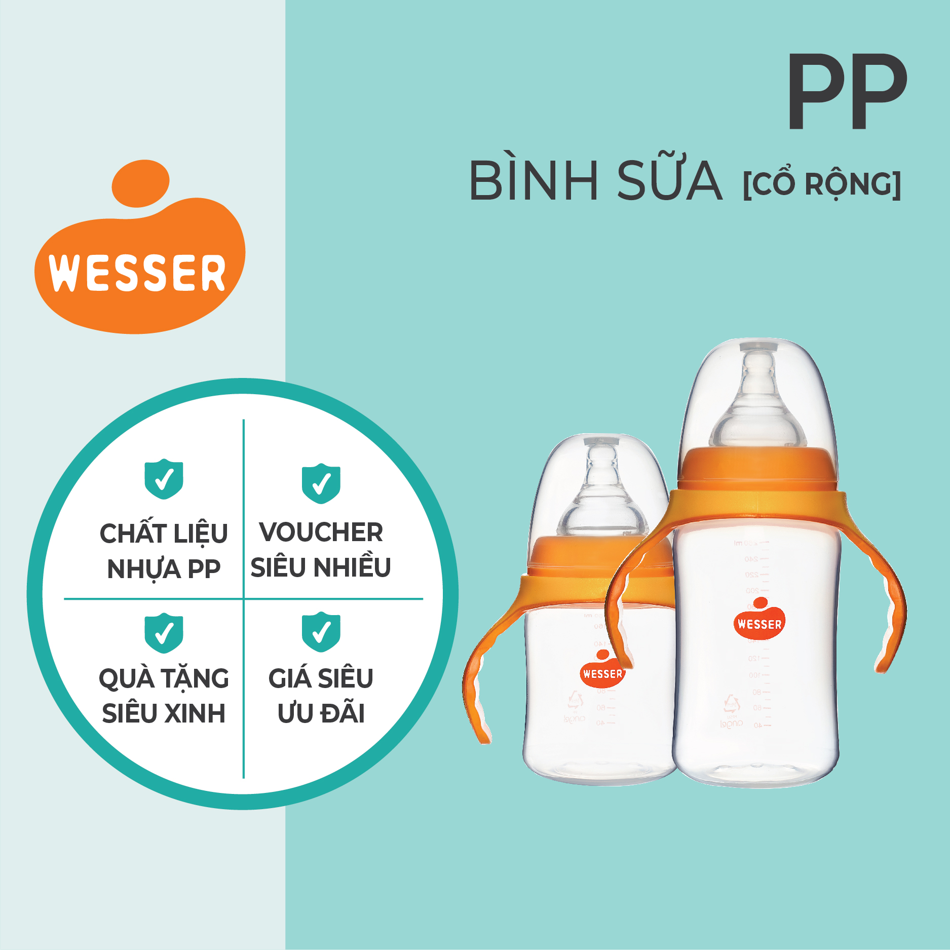 Bình sữa cổ rộng pp wesser 180ml/260ml