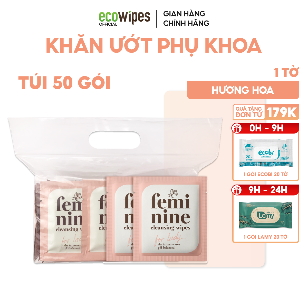 Túi zip 50 gói khăn giấy ướt vệ sinh vùng kín phụ nữ Ecowipes travel size gói 1 tờ hương Daisy size 15x20cm nhỏ gọn bỏ túi