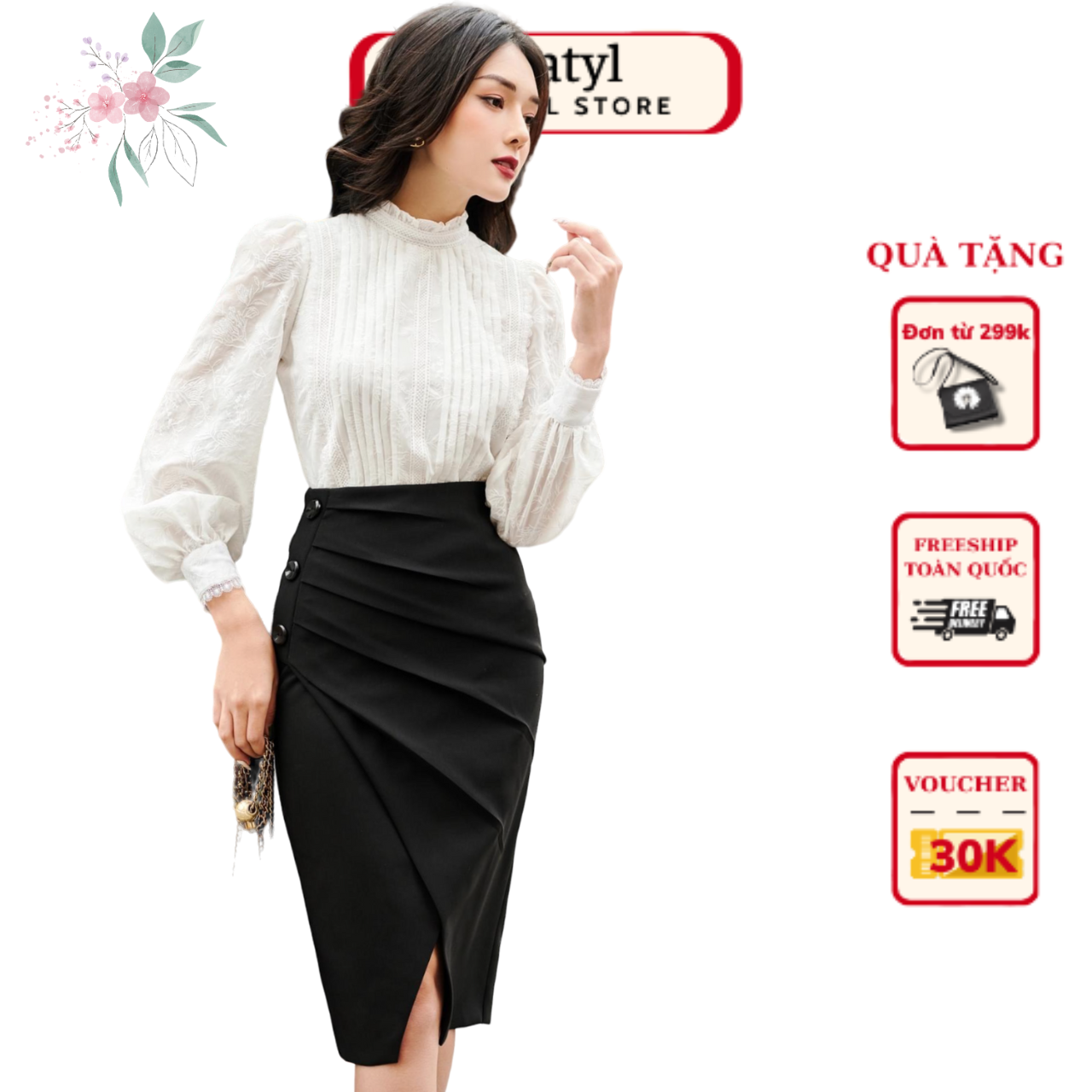 Chân váy bút chì Xếp ly chéo 3 cúc kiểu mới Oxatyl CV455