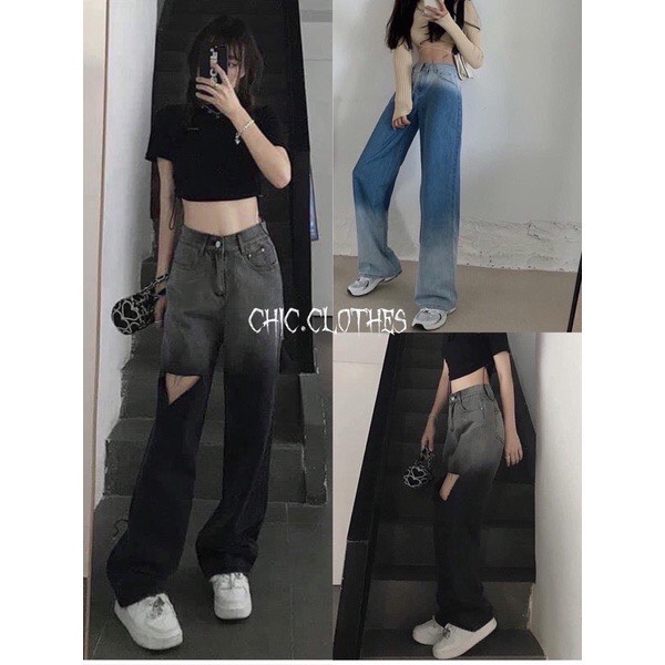 Quần bò loang đen xám rách đùi nữ Chicclothes 🌺 Jeans phối ống xuông cạp cao hack dáng