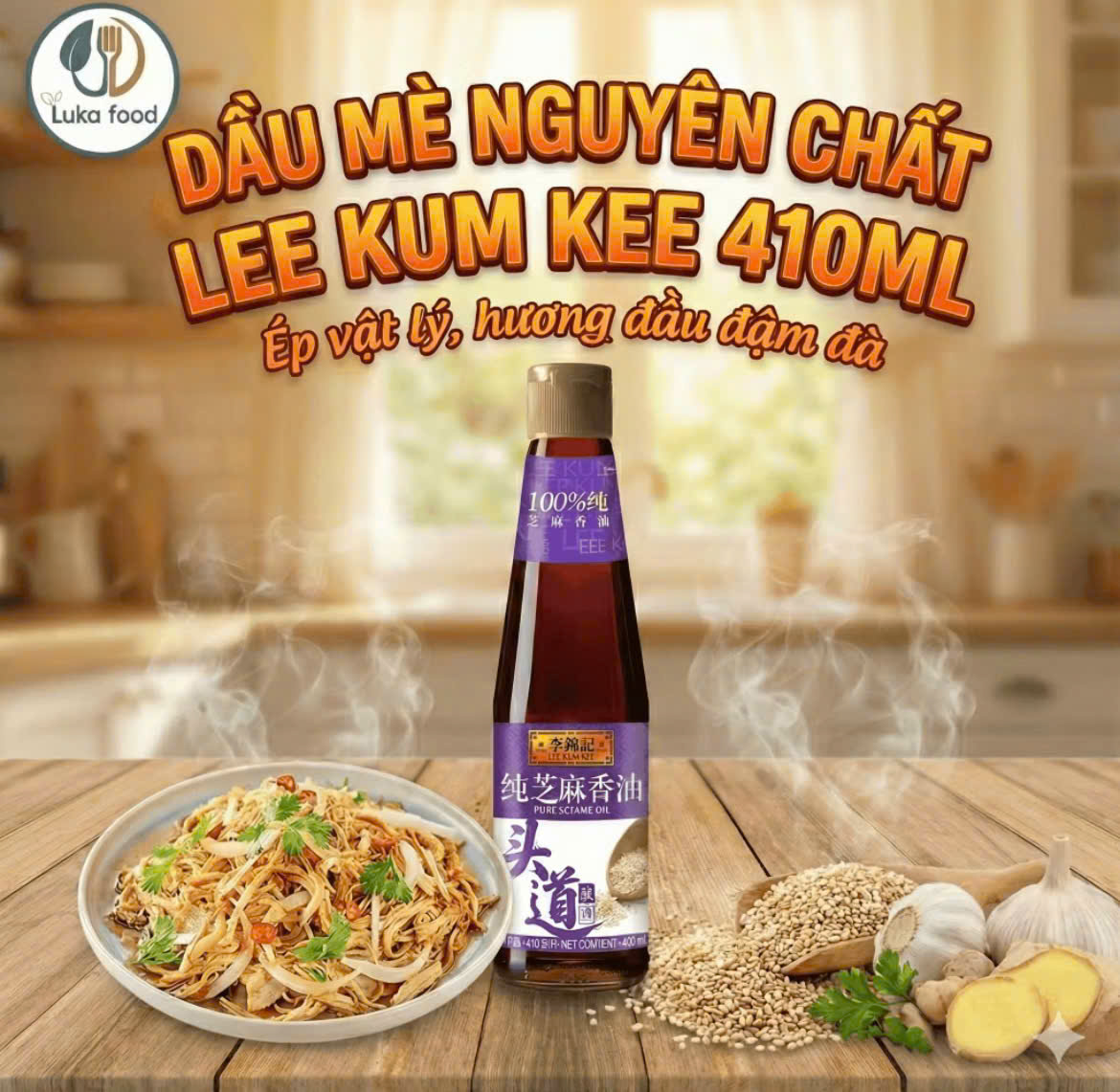 Dầu Mè Nguyên Chất Lee Kum Kee 410ml và 207ml - Thơm Lâu, Dùng Trộn Salad & Cho Bé Ăn Dặm, Hàng Nội Địa Thượng Hạng