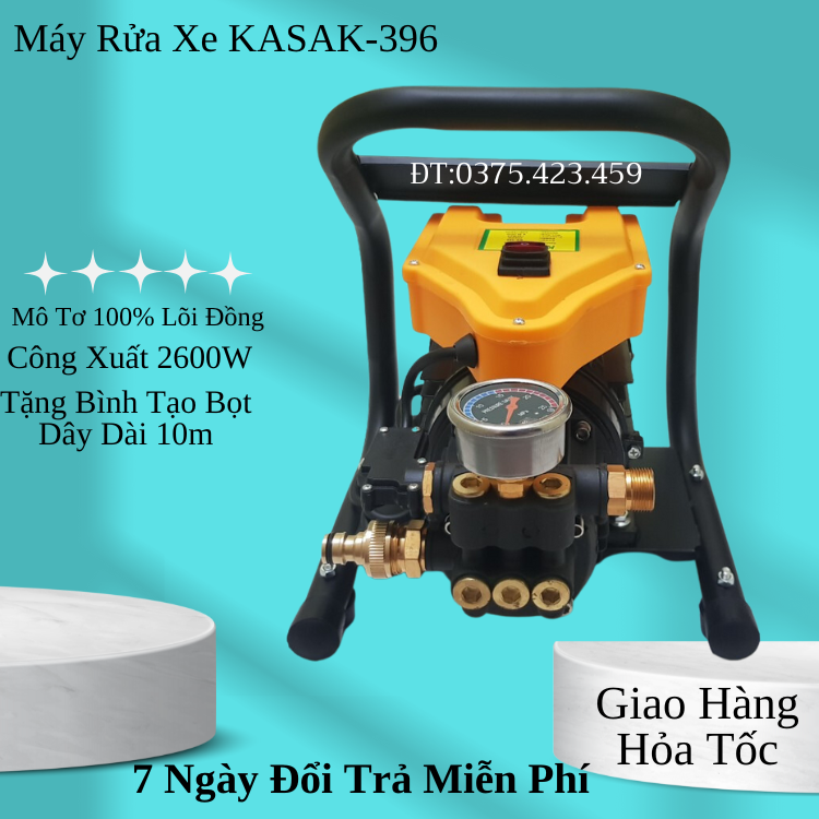 Máy rửa xe gia đình,cao áp,Mini-KASAK-396 công xuất cực mạnh 2600w,mô tở 100% lõi đồng bảo hành 2 năm