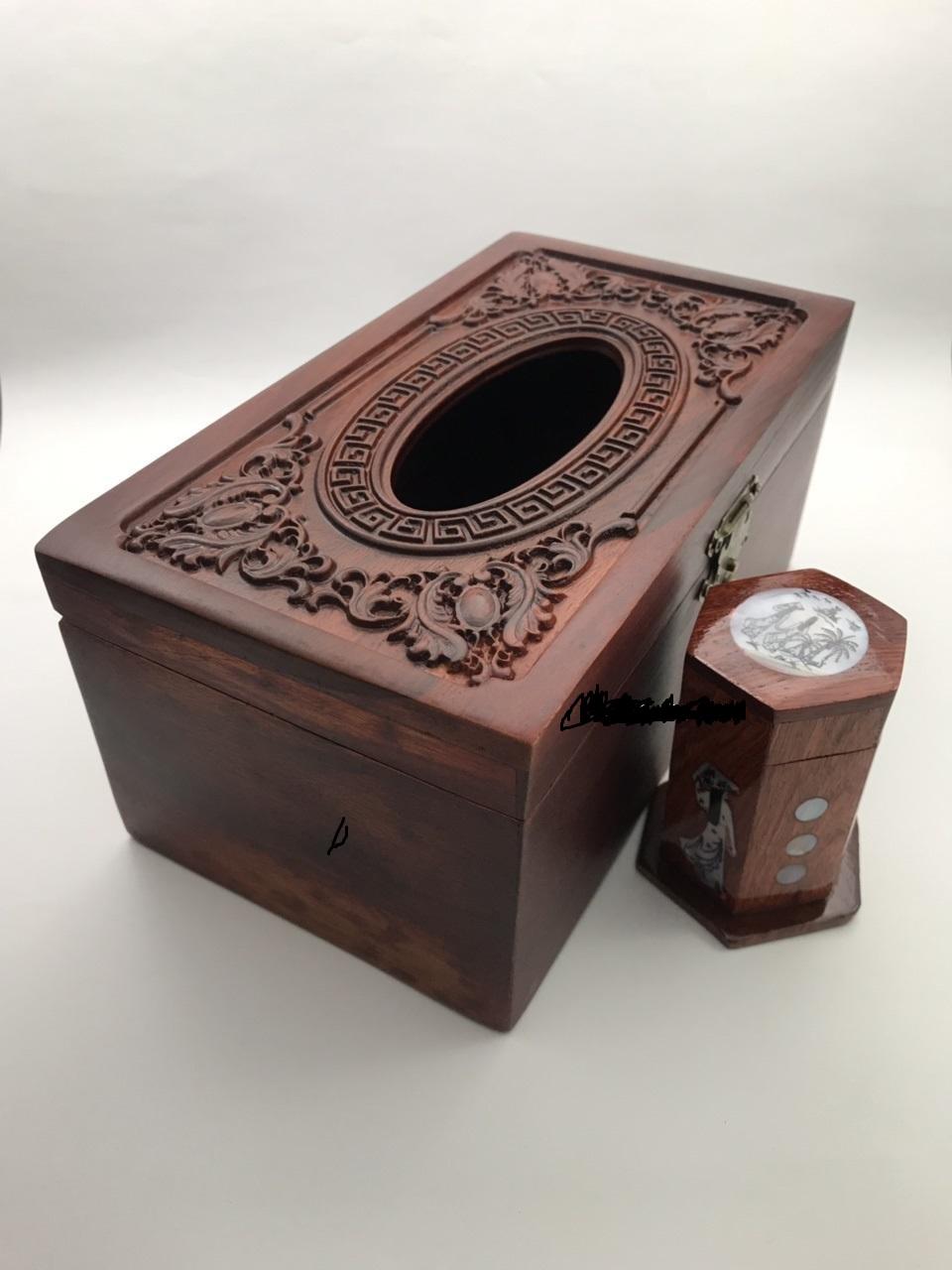 Hộp đựng khăn giấy gỗ HƯƠNG đỏ mặt trạm hoa lá tây kết hợp hình triện tặng kèm ống tăm khảm trai