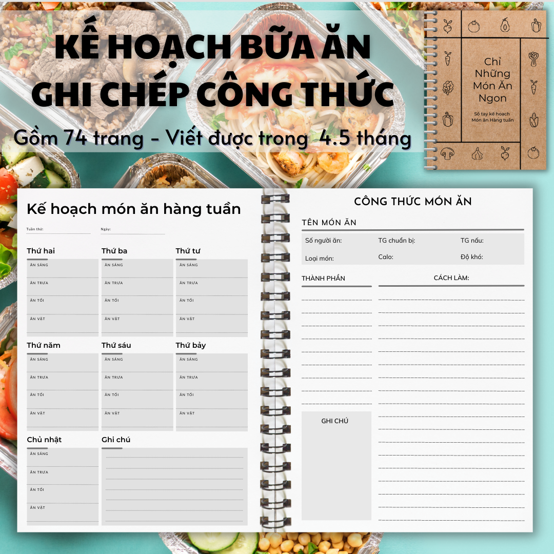 Sổ tay kế hoạch bữa ăn hàng tuần + Ghi chép công thức nấu ăn ngon - Tạp hoá Leng Keng