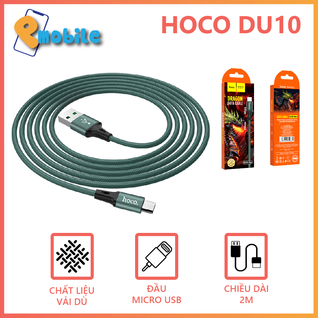 Cáp sạc nhanh Hoco DU10 dành cho điện thoại Android, jack Micro USB chiều dài 1m, 2m