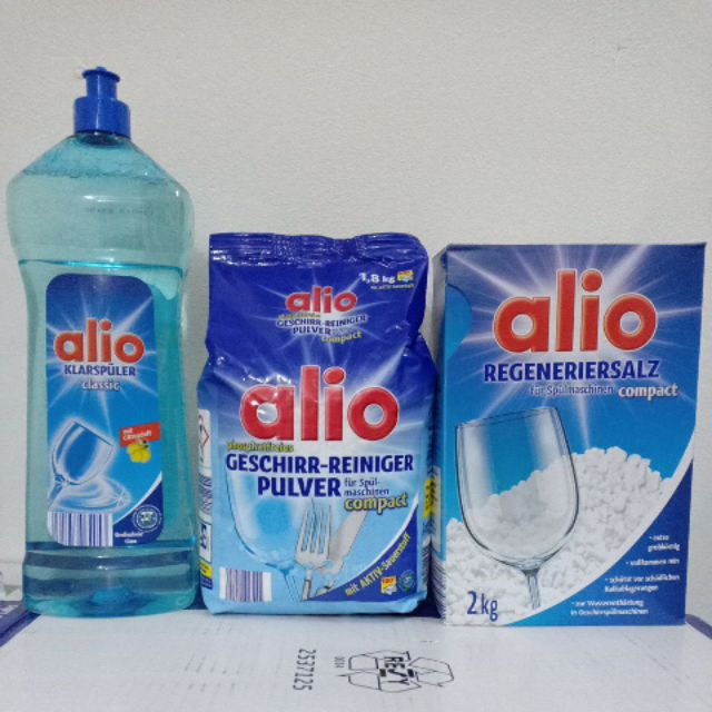 Combo bột rửa bát Alio + nước làm bóng Alio 1000 ml+ hộp muối làm mềm nước