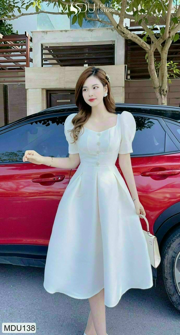 Đầm váy nữ tiểu thư kiểu xòe đính cườm cổ chất umi cực xin xắn qcs