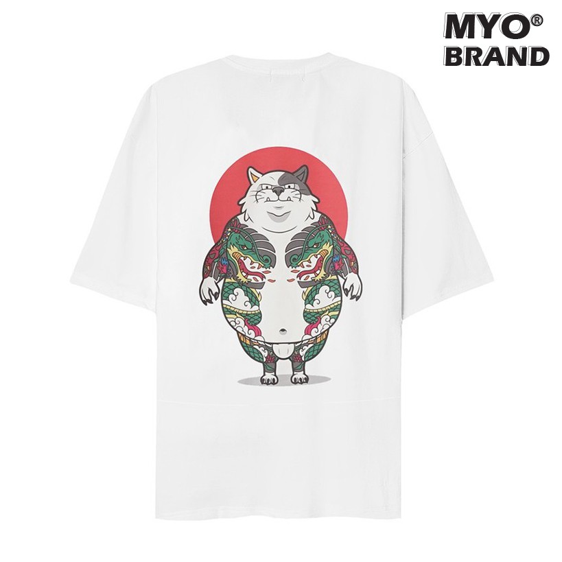 Áo phông rộng myo vải cotton in hình mèo yakuza