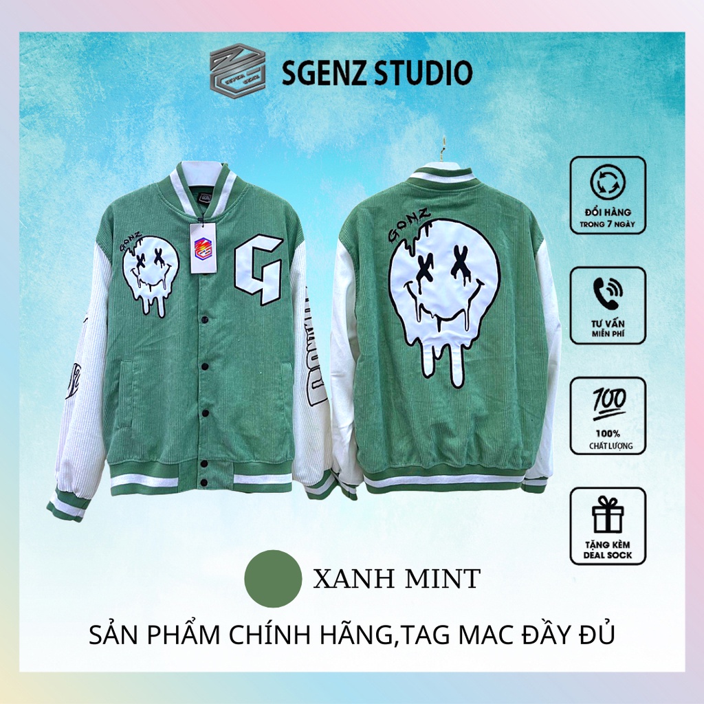 Áo khoác bomber, Varsity Jacket Gonz Xanh Mint nam nữ Form rộng,nhung tăm, phong cách, cá tính