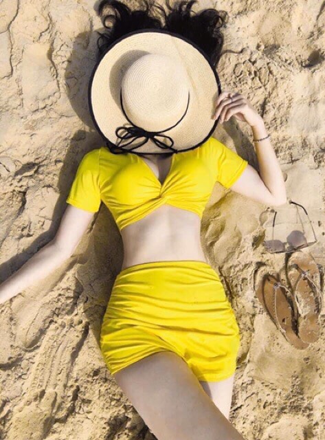 Bikini áo tay lửng xoắn ngực quần đùi nhún cạp cao Eva shop