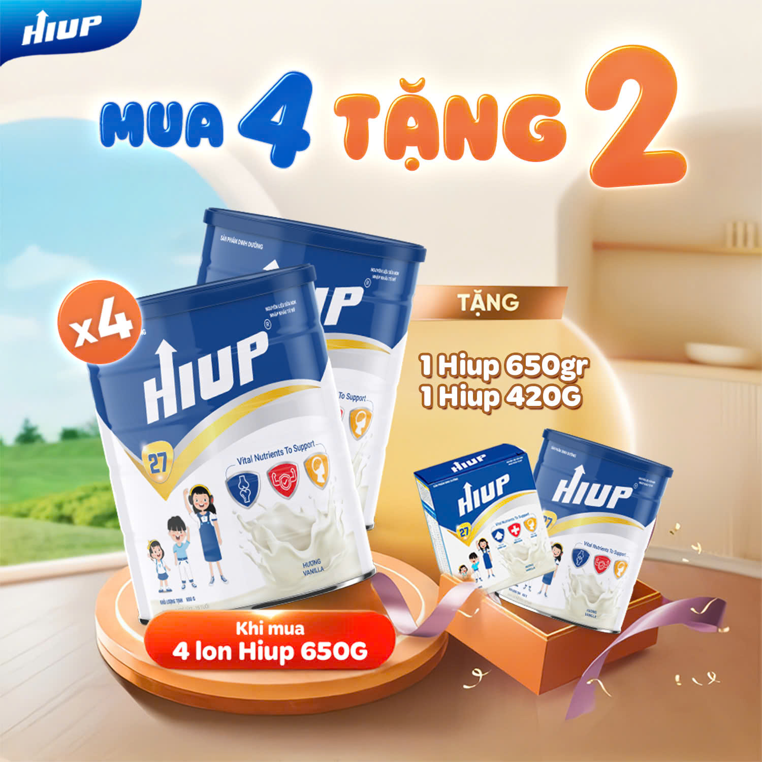 [MUA 4 TẶNG 1hiup và 1 hiup 420gr] Sữa HIUP Hoa Kỳ, Sữa Bột Tăng Chiều Cao Cho Bé Bổ Sung Canxi, DHA, Vitamin D3 K2, Protein Hộp 650g Hàng Chính Hãng - HSD 24 Tháng  - NOT VAT