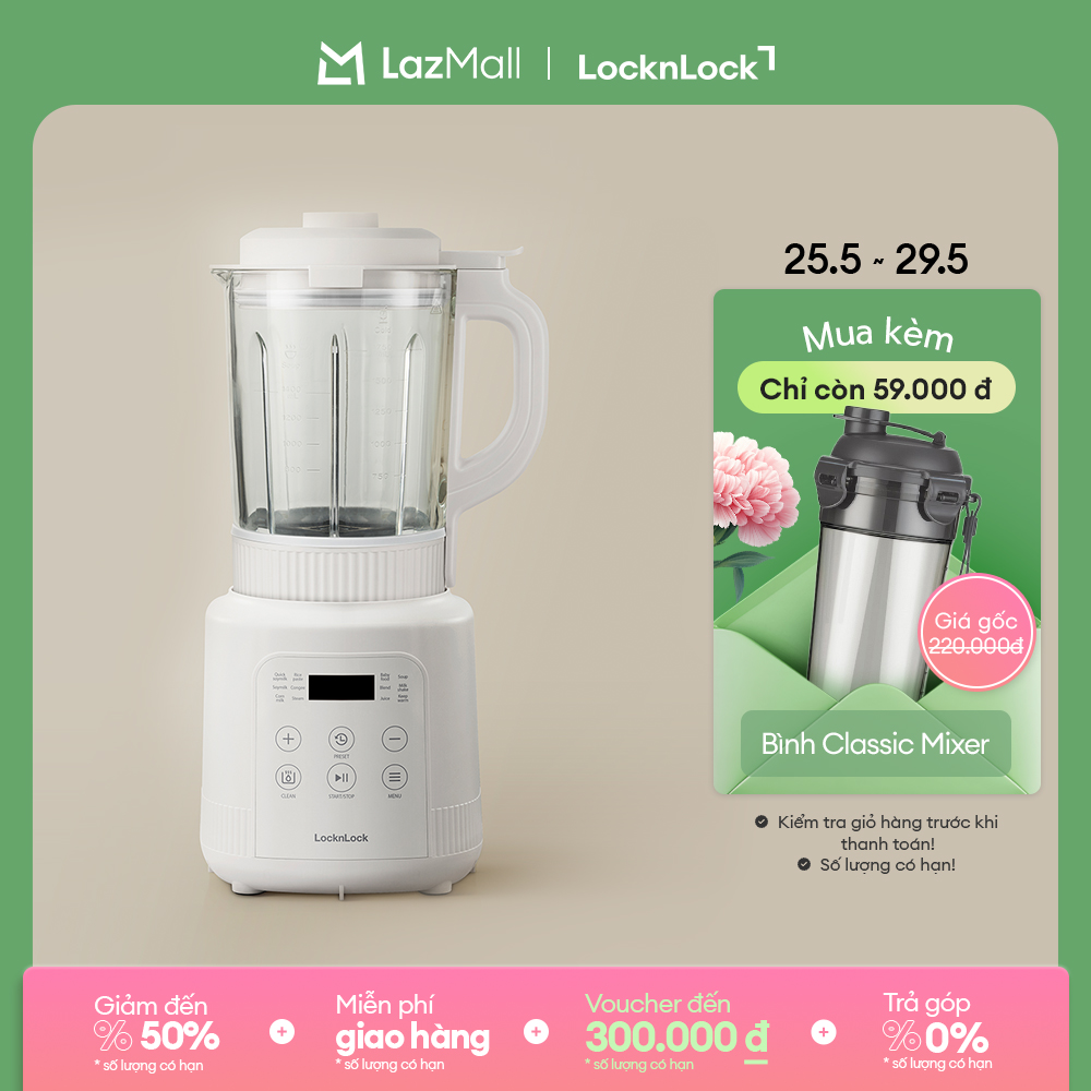 Máy làm sữa hạt đa năng LockLock Bianco heating blender 1.75L Màu ngà EJM486IVY dao 3 lớp, 5 chế độ nấu, hẹn giờ 24h