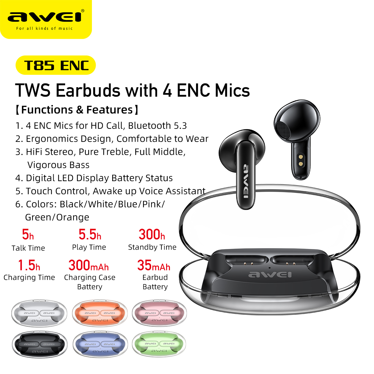 Awei T85 Tai nghe Bluetooth 4 mic enc cuộc gọi Tai nghe giảm tiếng ồn Bluetooth 5.3 trò chơi IPX6 Tai nghe chụp chống nước