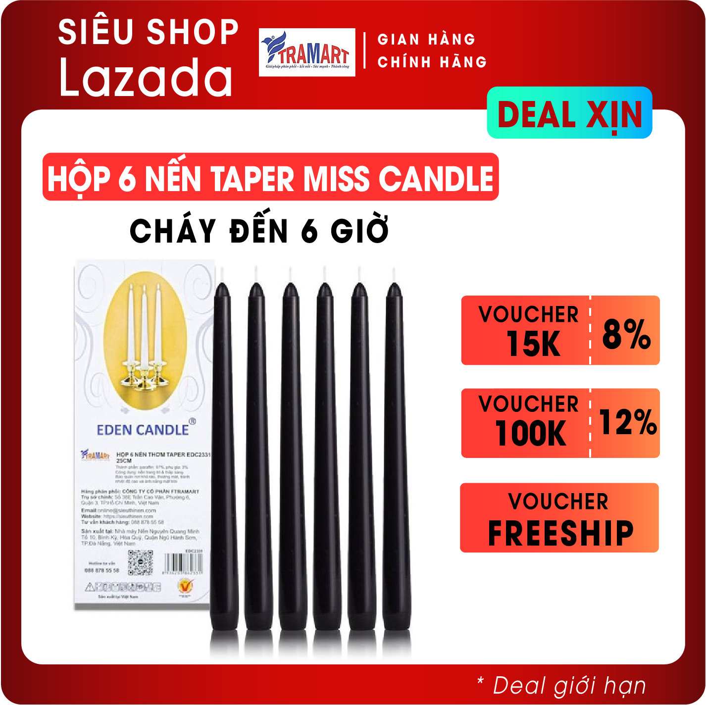 [Hộp 6 nến] Nến thơm taper Miss Candle FTRAMART EDC2331 (Đen), cao 25 cm, phù hợp tất cả các chân nến theo tiêu chuẩn nến taper