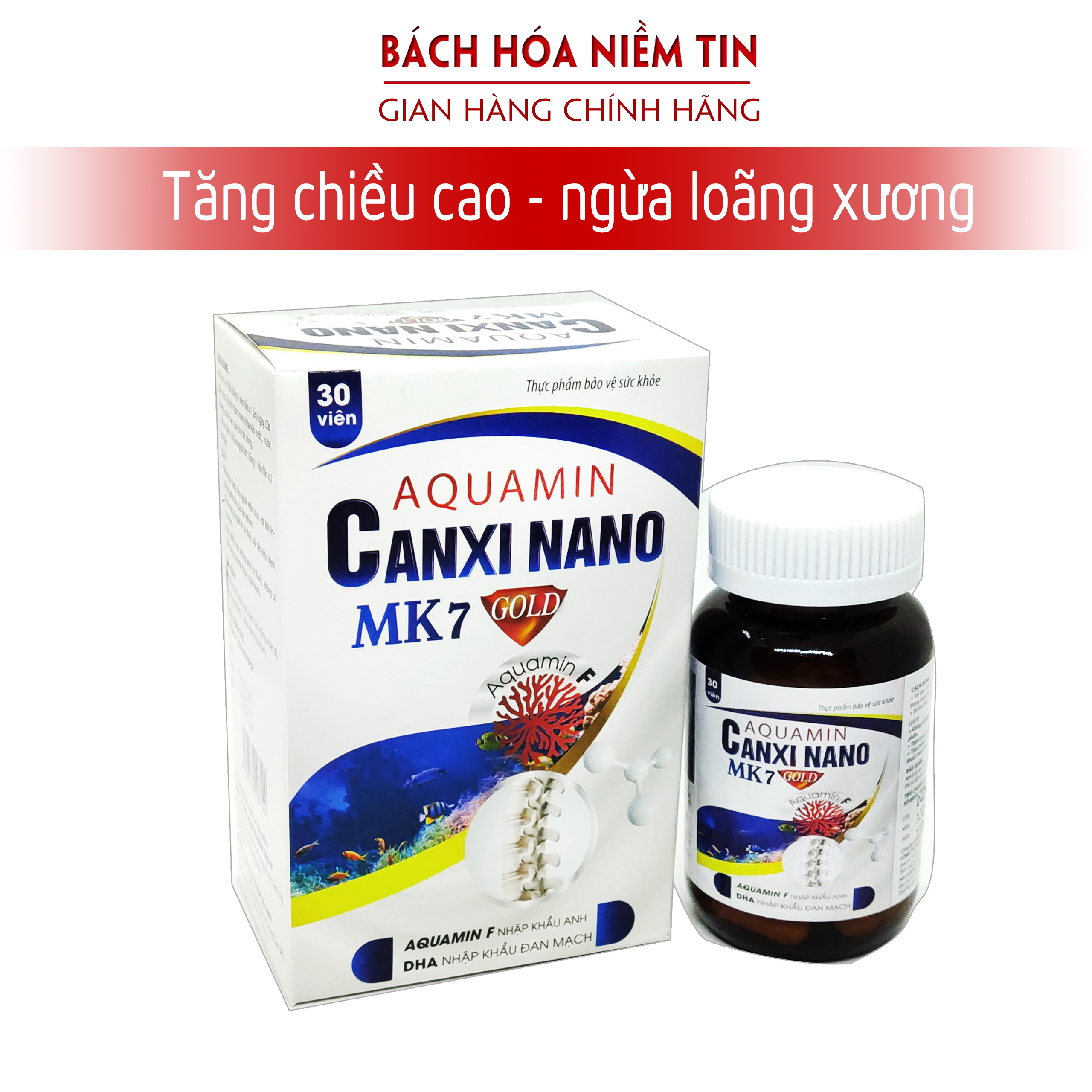 Viên Uống Bổ Sung Canxi, Vitamin D3, Vitamin K2 Aquamin Canxi Nano MK7 Red Phát triển hệ xương, chắc