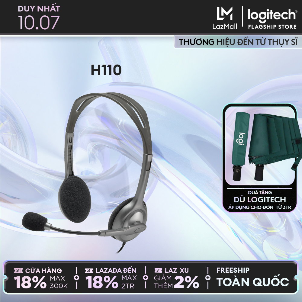 [Siêu sale 10.7- Giảm 40%]Tai nghe chụp tai Logitech H110 - 2 jack 3.5mm, Mic khử giảm tiếng ồn, trọng lượng nhẹ, âm thanh nổi