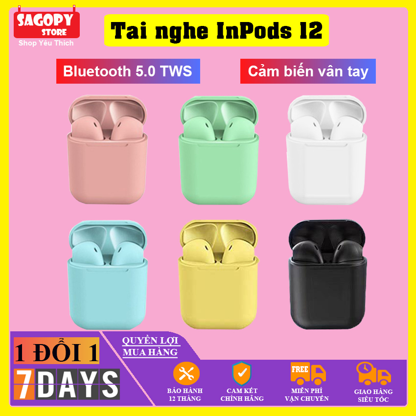 [HCM]Tai nghe bluetooth không dây Inpods i12 TWS cảm ứng điều khiển tai phone blutooth i12 cảm biến âm thanh cho Android iOS Sagopy