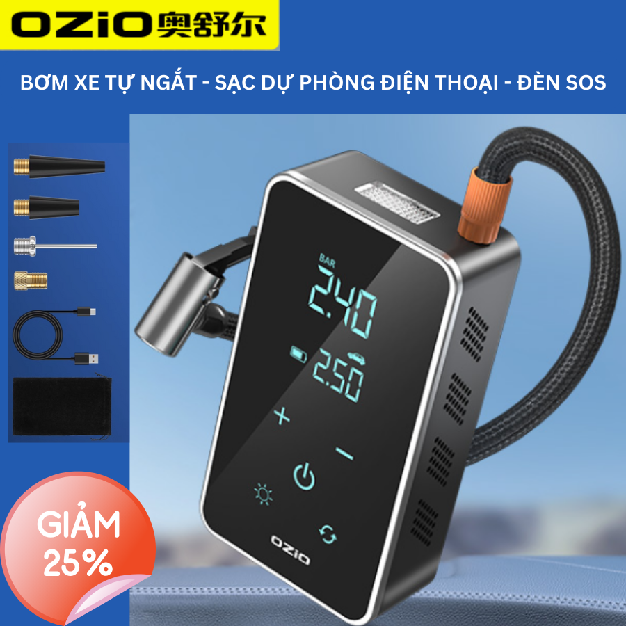 Bơm lốp ô tô Ozio,Máy bơm lốp xe không dây,Bơm lốp kiêm sạc dự phòng điện thoại