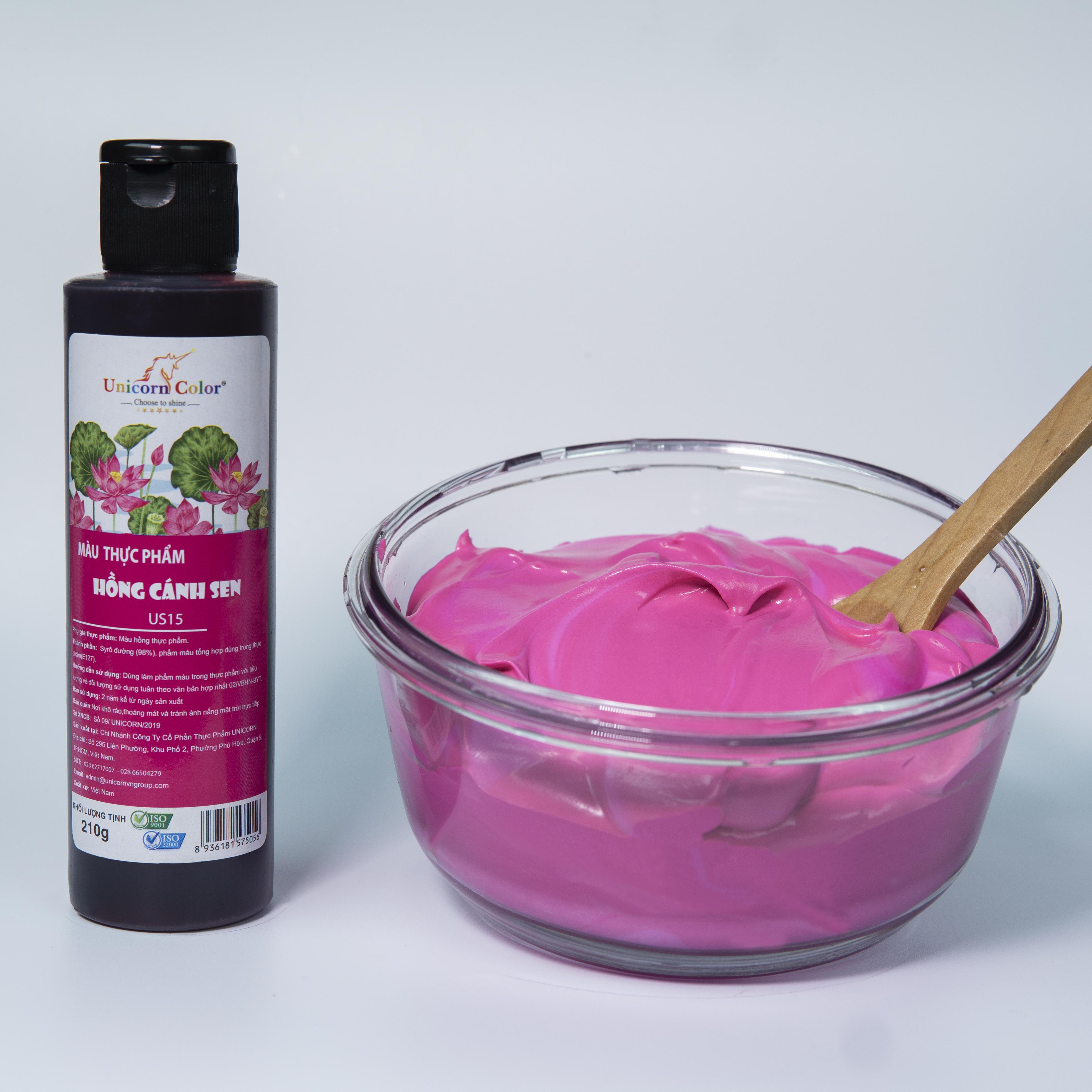 Màu thực phẩm Siro UNICORN  Không đắng - Màu hồng sen A05 lọ 210gr - Chuyên dụng trong bánh kem, bánh kẹo, món ăn, đồ uống... đạt đạt tiêu chuẩn ISO22000:2018