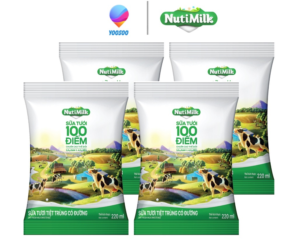 Combo 04 bịch nutimilk sữa tươi 100 điểm ít đường/ có đường 220ml - nutifood - nutifood soymilk