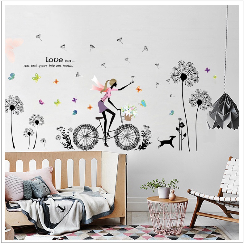 Decal dán tường Cô gái và xe đạp trang trí phòng khách