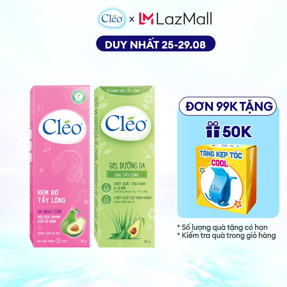 Combo kem tẩy lông nách Cléo cho da nhạy cảm 100% không đau 50g và dưỡng da sau tẩy lông làm từ trà xanh 50g
