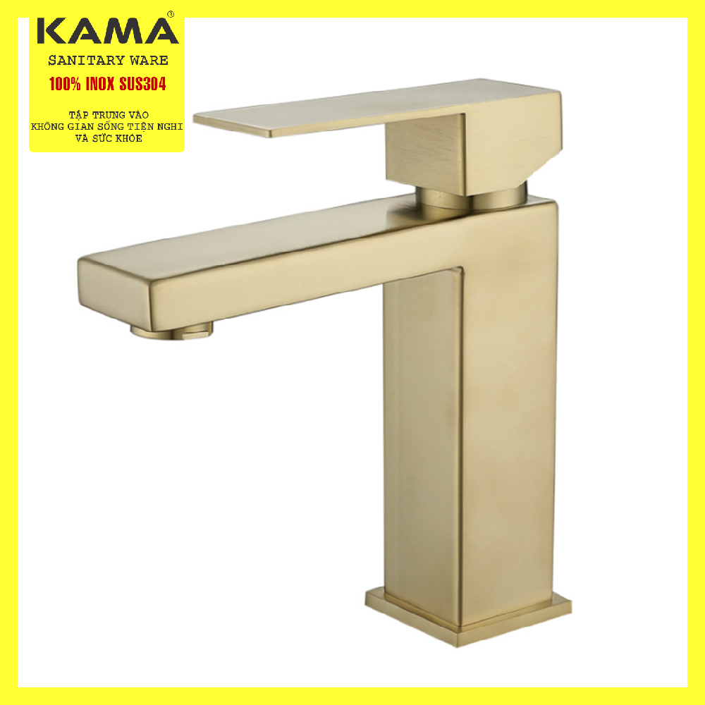 Vòi chậu lavabo rửa mặt phòng tắm nóng lạnh kama vc21 inox 304 màu vàng đồng sang trọng, vòi lavabo vàng nóng lạnh chuẩn inox 304
