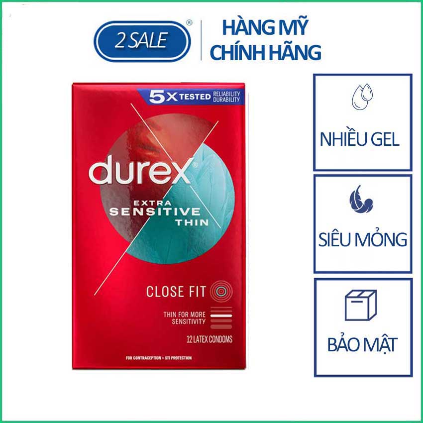 Bao cao su Durex Extra Sensitive siêu mỏng, nhiều gel bôi trơn - Nhập Mỹ hộp 12 cái