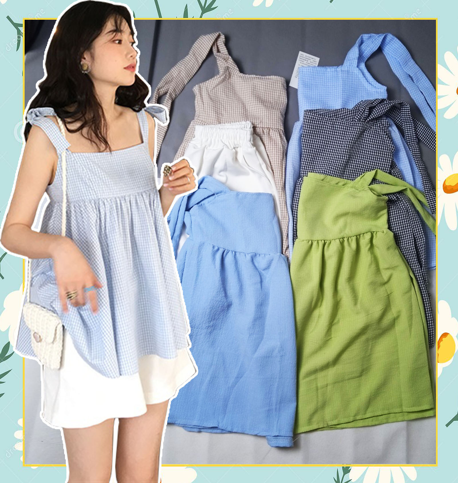 SQ002 Set áo hai dây buộc nơ phối quần sooc trắng Ulzzang, áo BabyDoll BBD Hàn Quốc kẻ caro và quần short siêu cute
