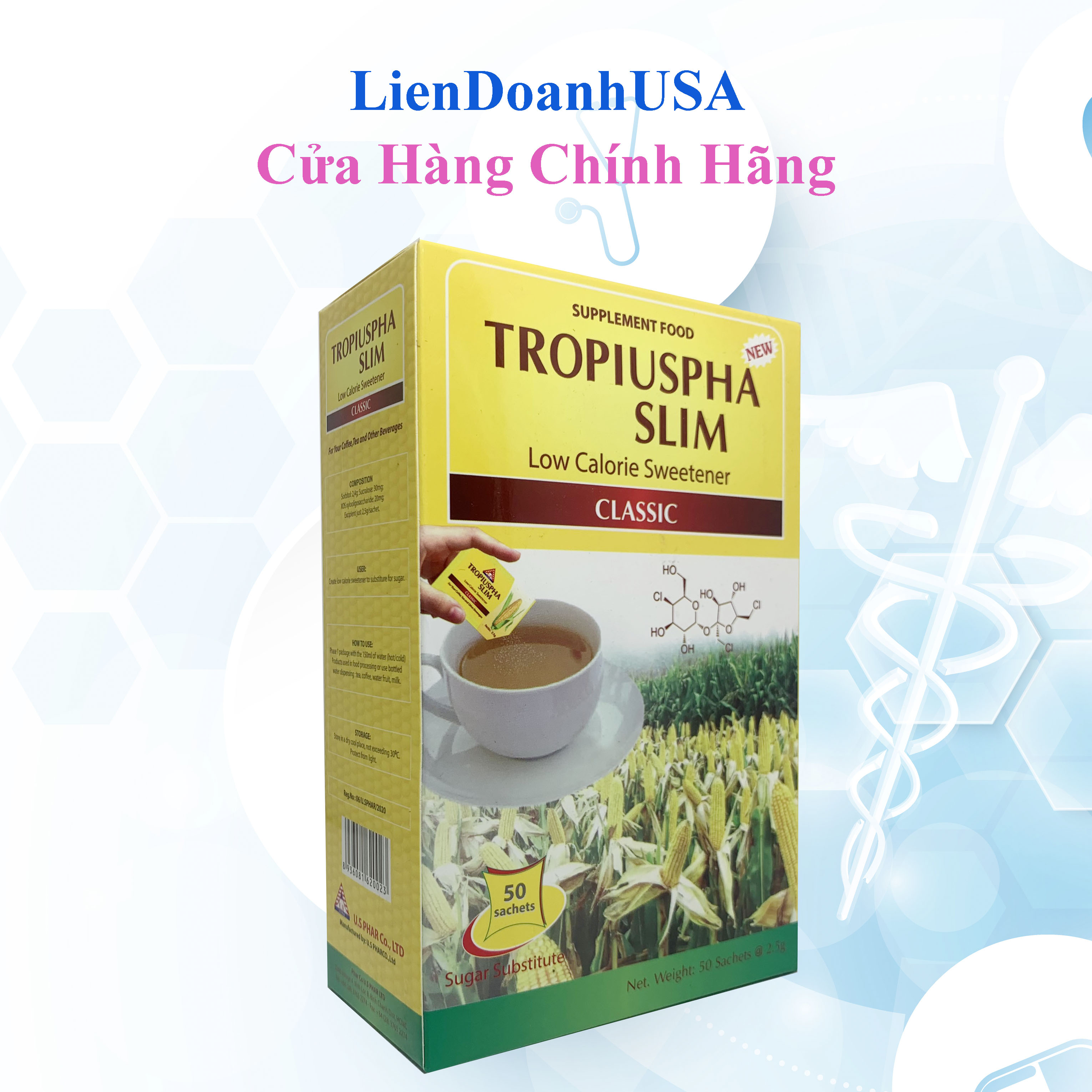 Tropiuspha Slim - Đường bắp Đường ăn kiêng giúp tạo vị ngọt ít năng lượng dùng thay thế đường - hộp 50 gói x 2,5g