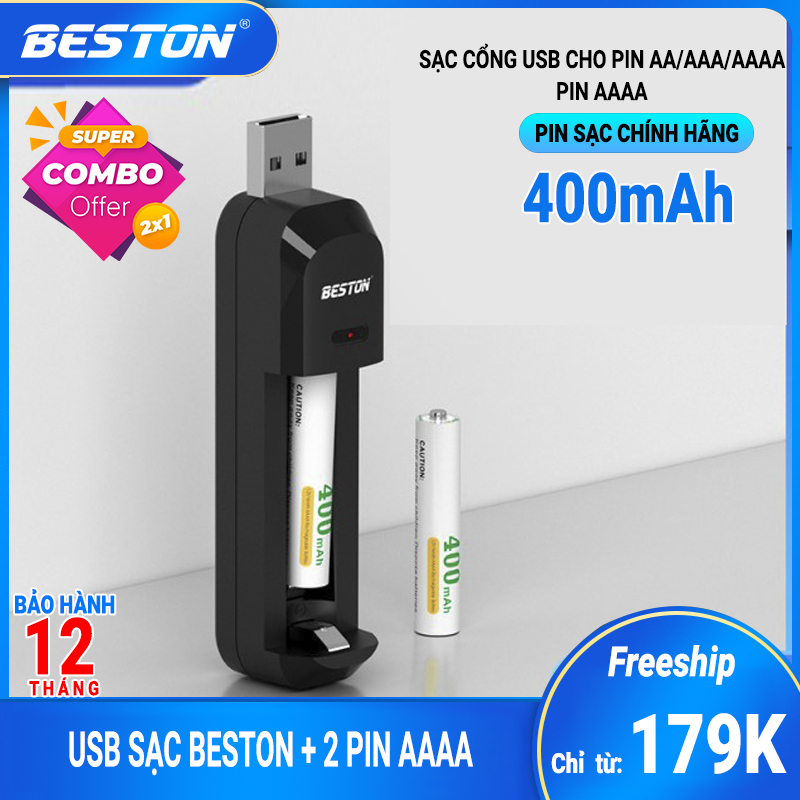 Bộ Sạc đầu USB BEston dành cho pin AA/AAA/AAAA + 02 pin AAAA 1.2V dung lượng 400mAh, (hàng chính hãng)