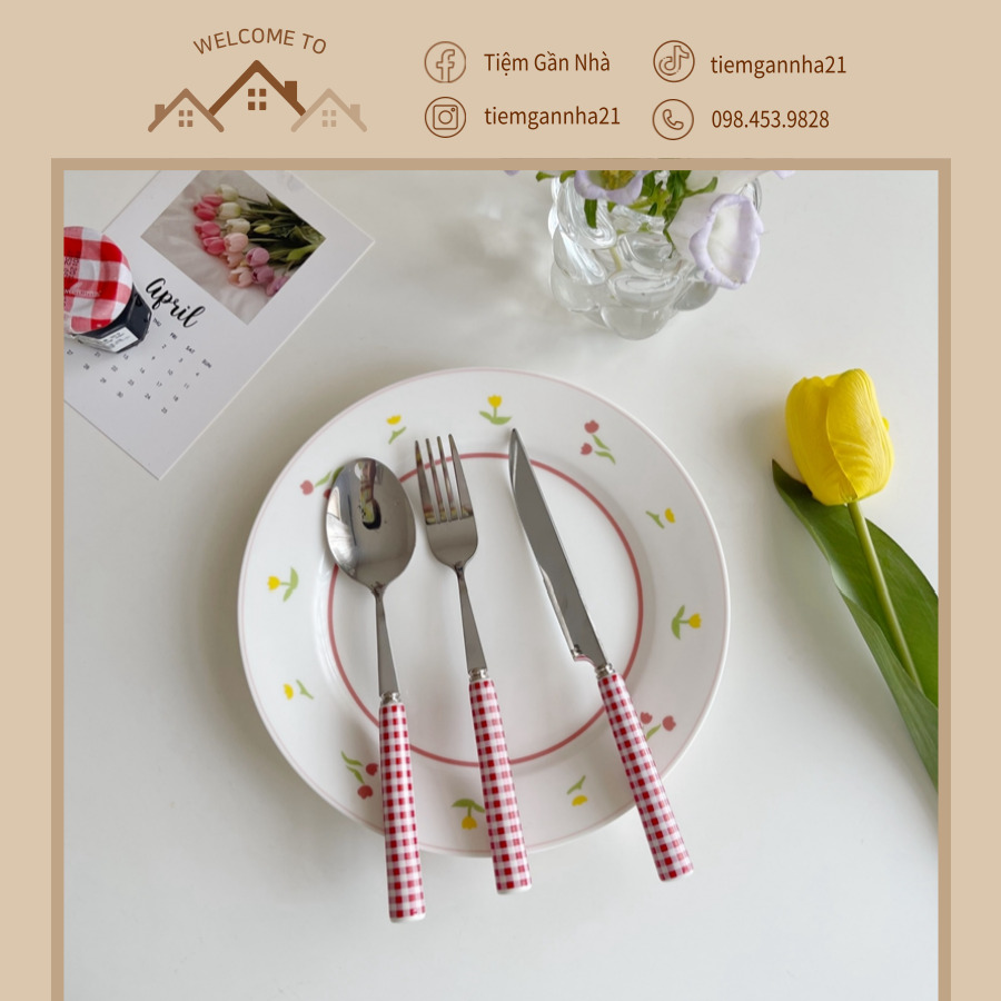 Dao thìa dĩa/ muỗng nĩa caro vintage xanh, hồng