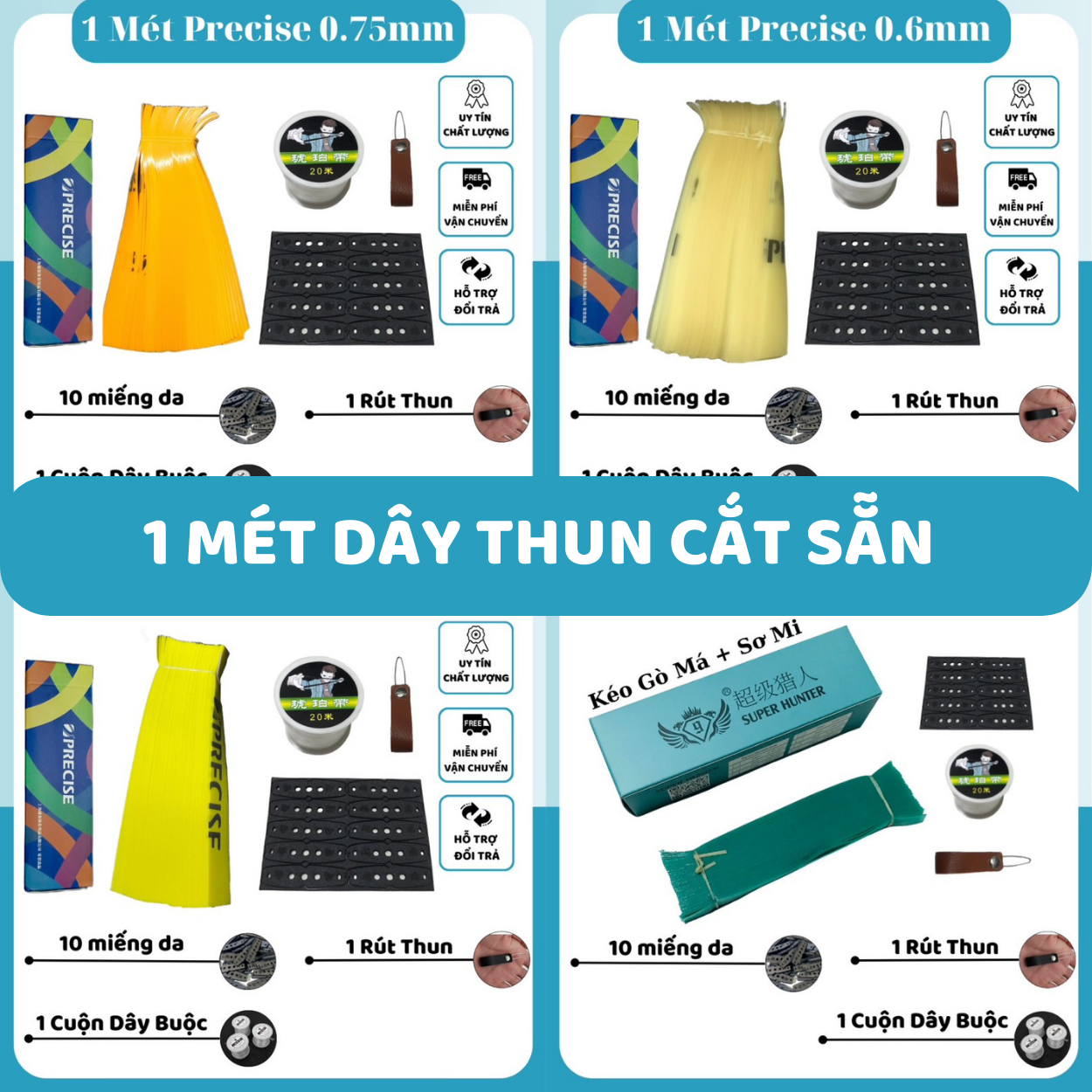 1 mét dây thun precise v3 và super hunter màu trắng vàng xanh