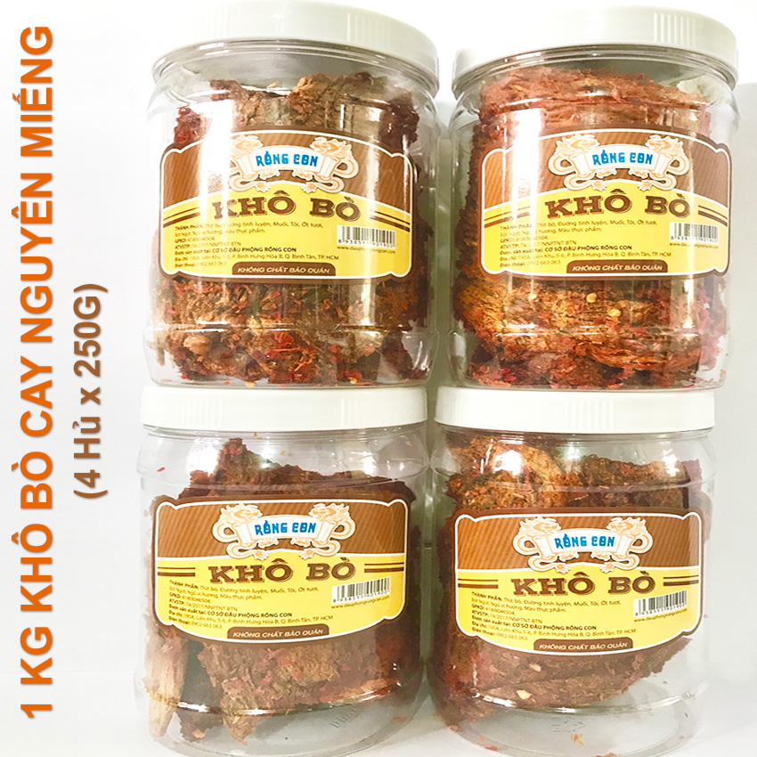 1 kg Khô Bò Cay Nguyên Miếng Lớn (4 Hủ 250Gram) -  Đồ ăn vặt Rồng Con, thịt sấy khô, thực phẩm chế biến sẵn