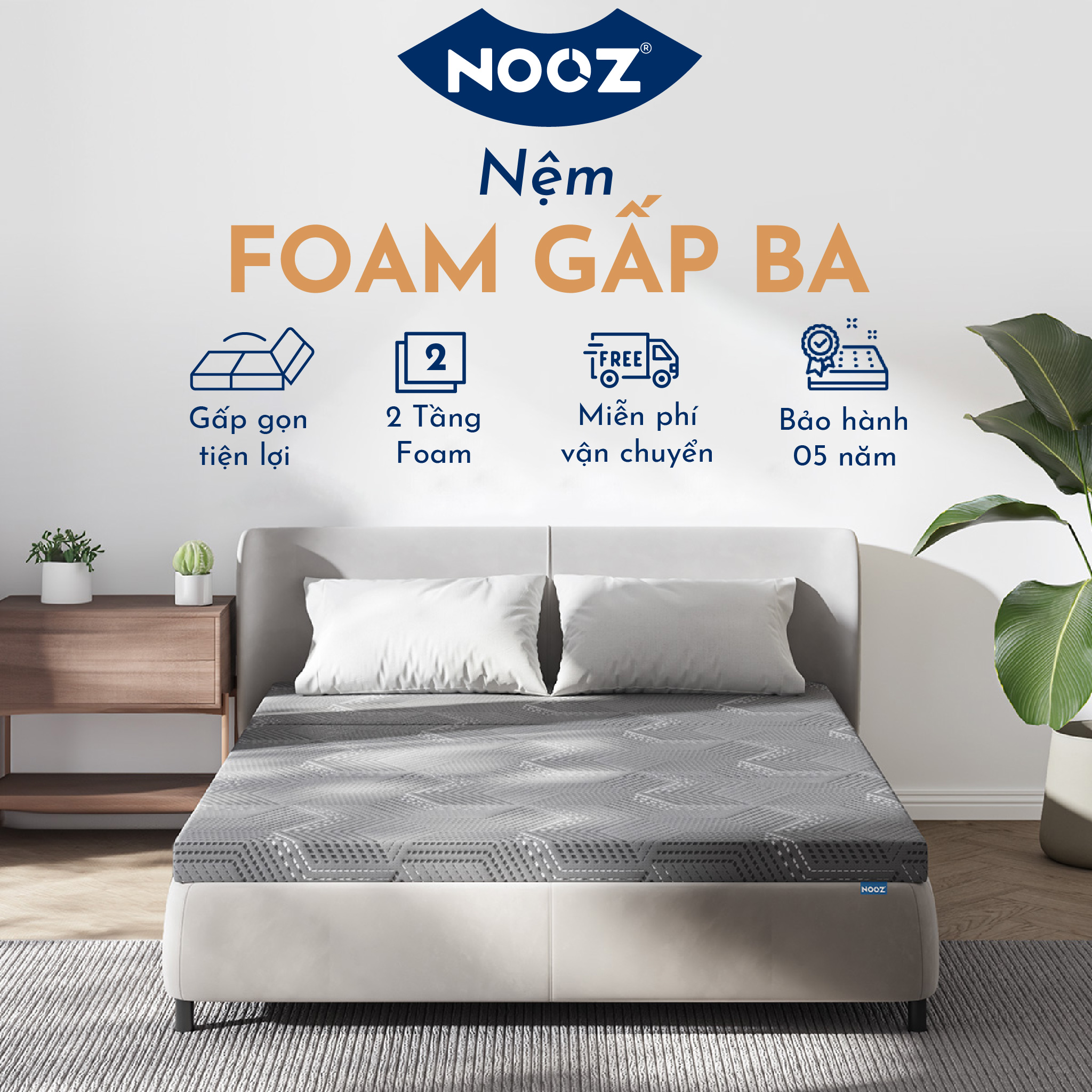 Nệm NOOZ Gấp Ba 8cm Đệm Foam Cao Su Non Gấp Gọn Tiện Lợi 2 Tầng Nâng Đỡ NOOZ Home Goods Mattress