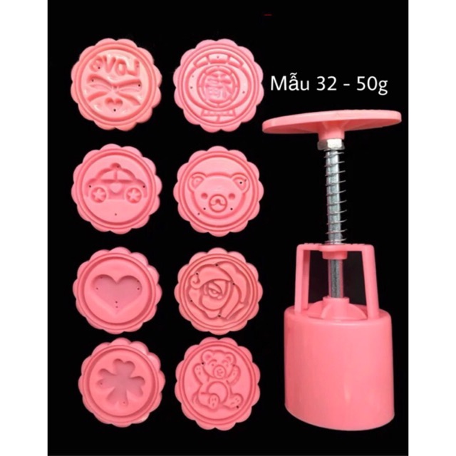 khuôn 8 Mặt tròn 50g Trung Thu Lò Xo Mẫu 32 (MS 236) gấu, lồng đèn, trái tim, lá may mắn, ô tô, teddy, love, hoa hồng