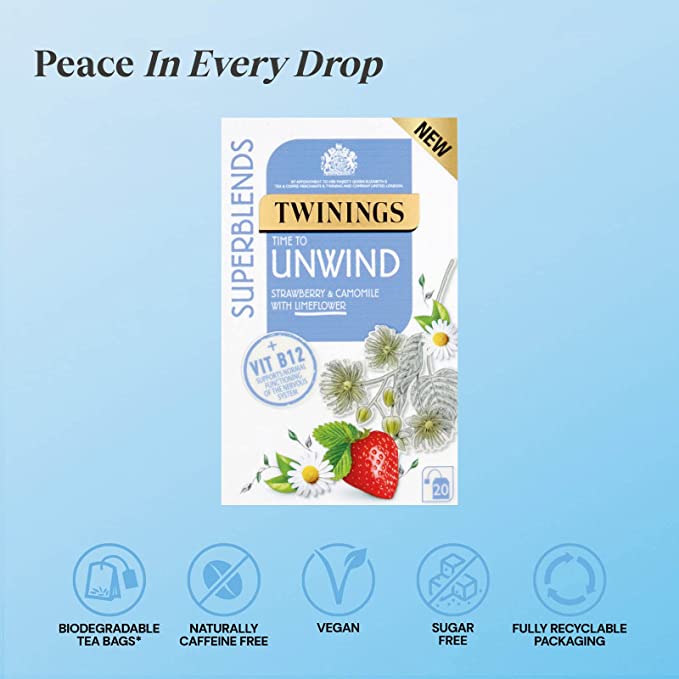 Trà Twinings Unwind hương dâu, hoa cúc, hoa chanh giúp thư giãn, làm dịu căng thẳng