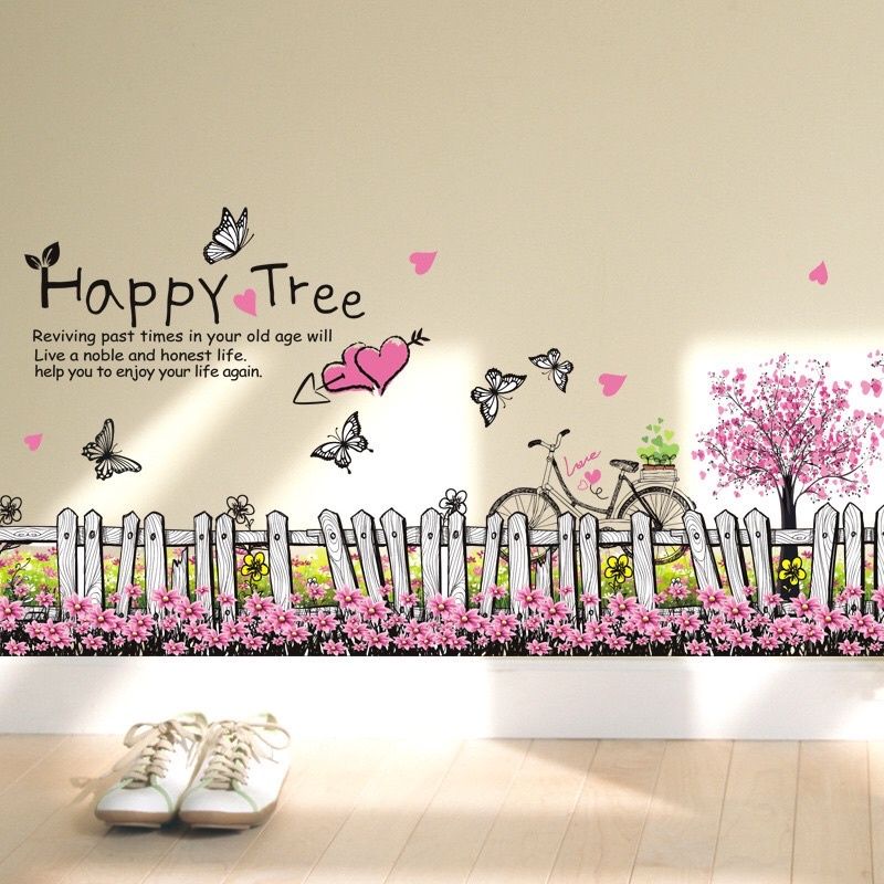Decal dán chân tường hàng rào hoa tím